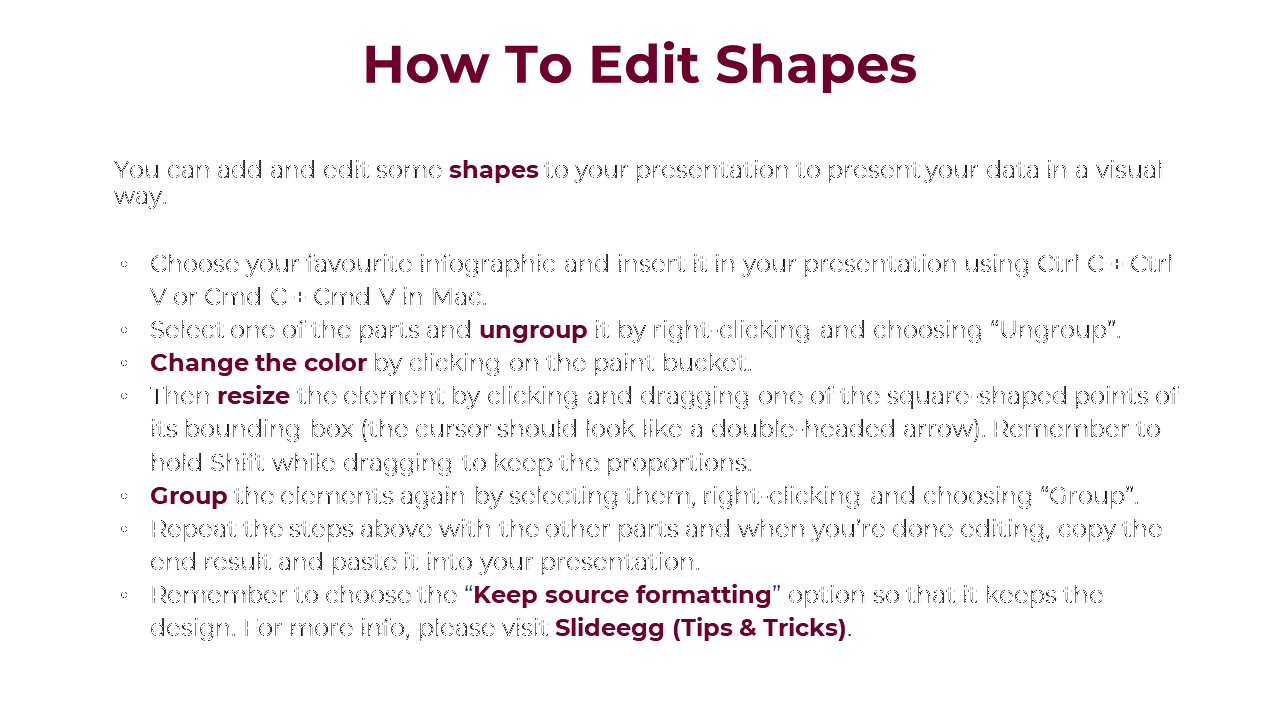 A guide explaining how to edit shapes in PowerPoint, including steps for ungrouping, resizing, and changing colors.