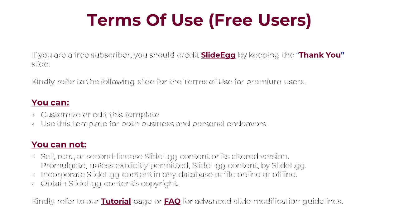 A slide outlining the terms of use for free subscribers of SlideEgg, including rights to customize templates in white theme.