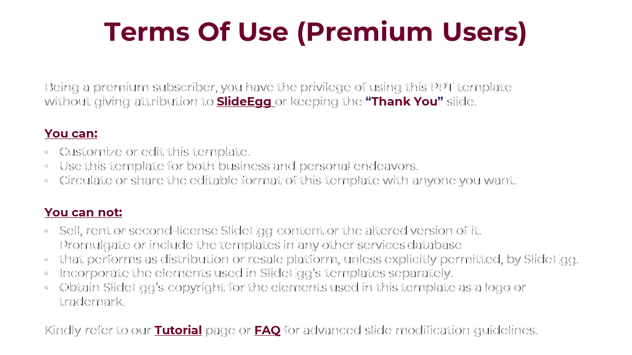 Terms of use for premium SlideEgg subscribers, granting the ability to use templates without attribution on a white backdrop.