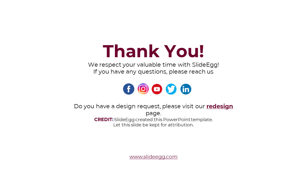Thank you slide with a message of appreciation from SlideEgg, featuring social media icons and design request information.