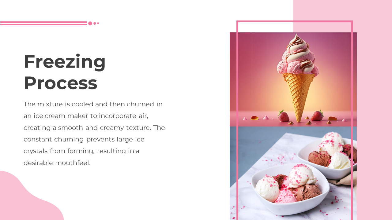 An ice cream cone with pink and cream colored scoops, paired with a bowl of mixed flavor ice cream in a marble setting.