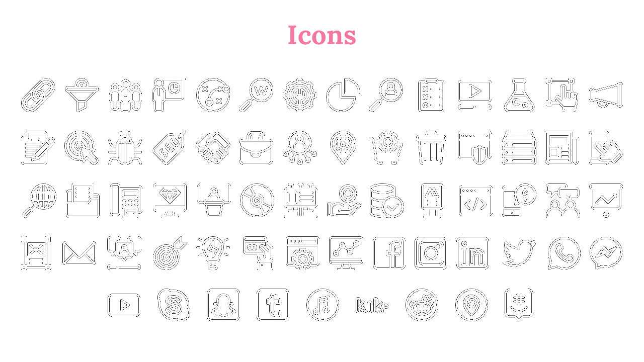 Collection of black icons representing various business, social media, and tech concepts such as links and popular platforms.