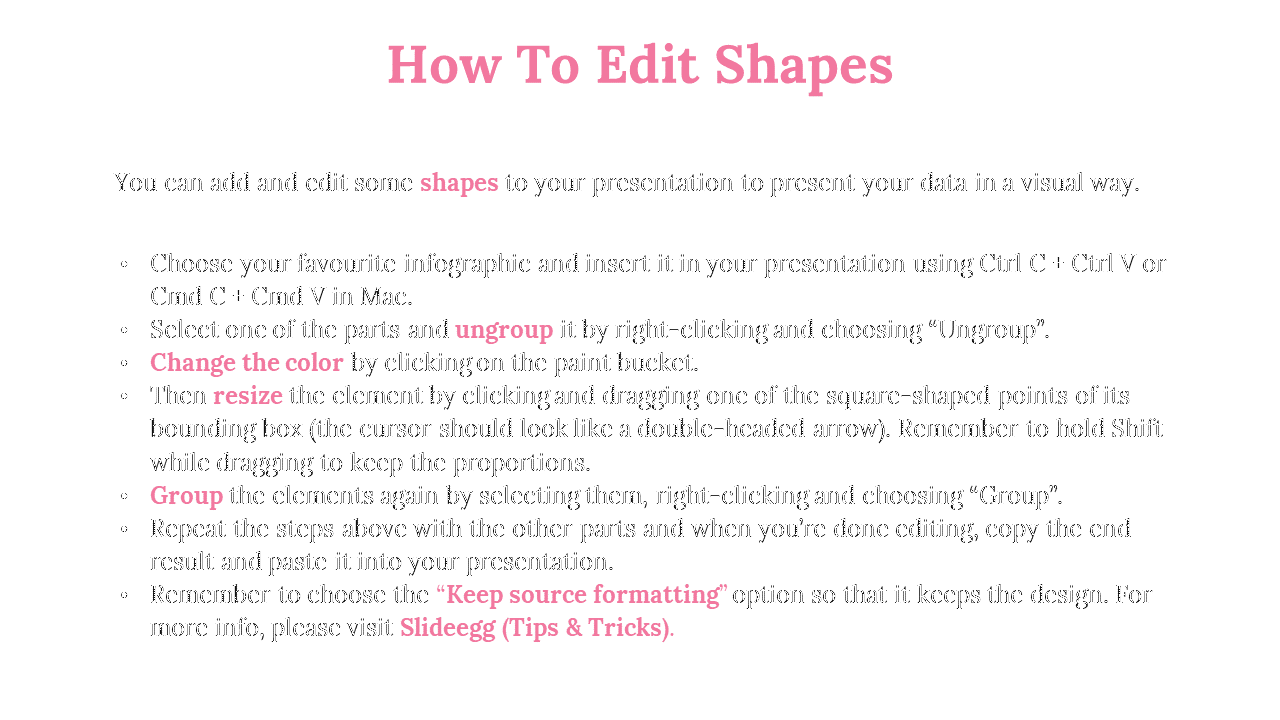 Step by step guide on how to edit shapes in PPT, with instructions on grouping, ungrouping, resizing, and changing colors.