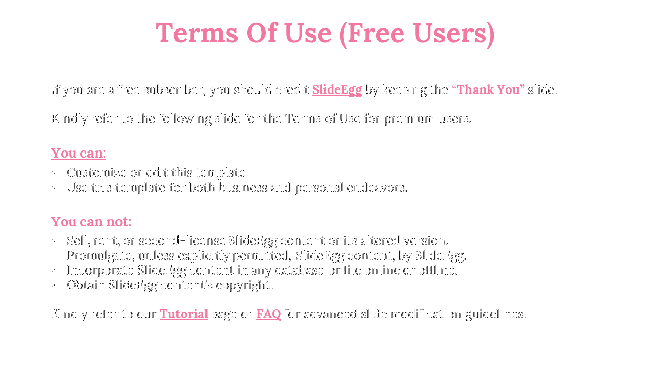 Terms of use for free users of SlideEgg, outlining what users can and cannot do with the templates on a white backdrop.