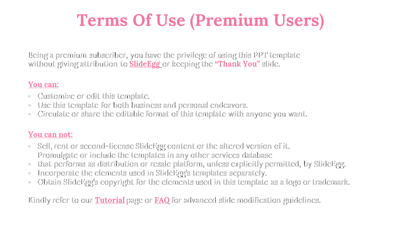 Terms of use for premium SlideEgg users, including rights to customize, edit, and share the template on a white backdrop.