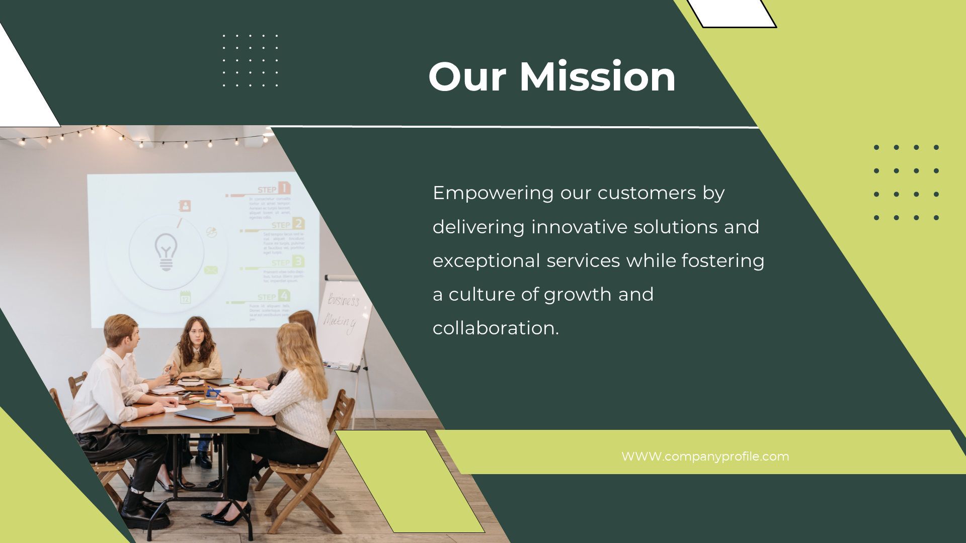 Mission statement slide with a team in a meeting, discussing ideas for innovative solutions on a green backdrop.