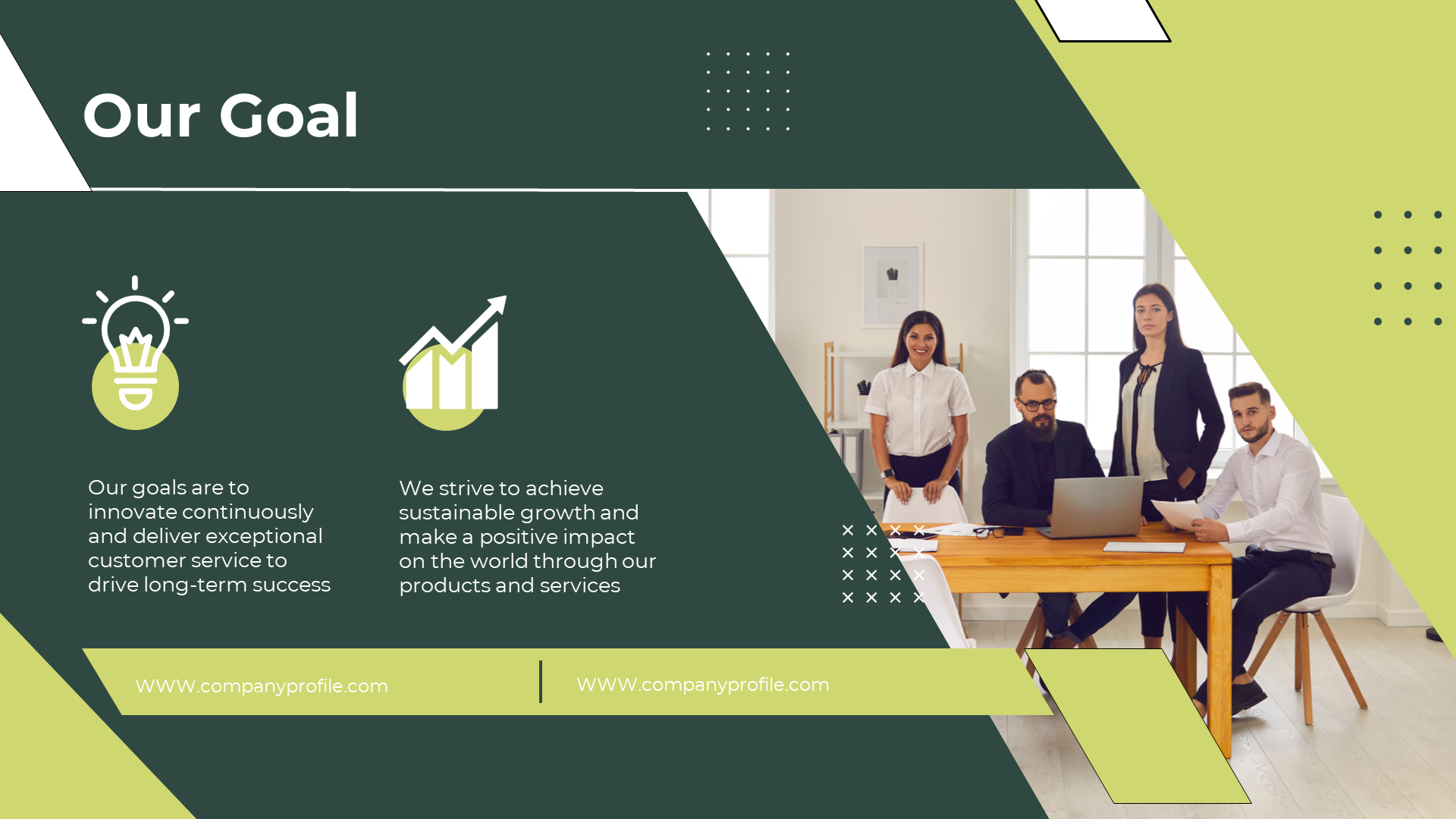 Our Goal slide shows a team of professionals working together on innovation and sustainable growth on a green backdrop.
