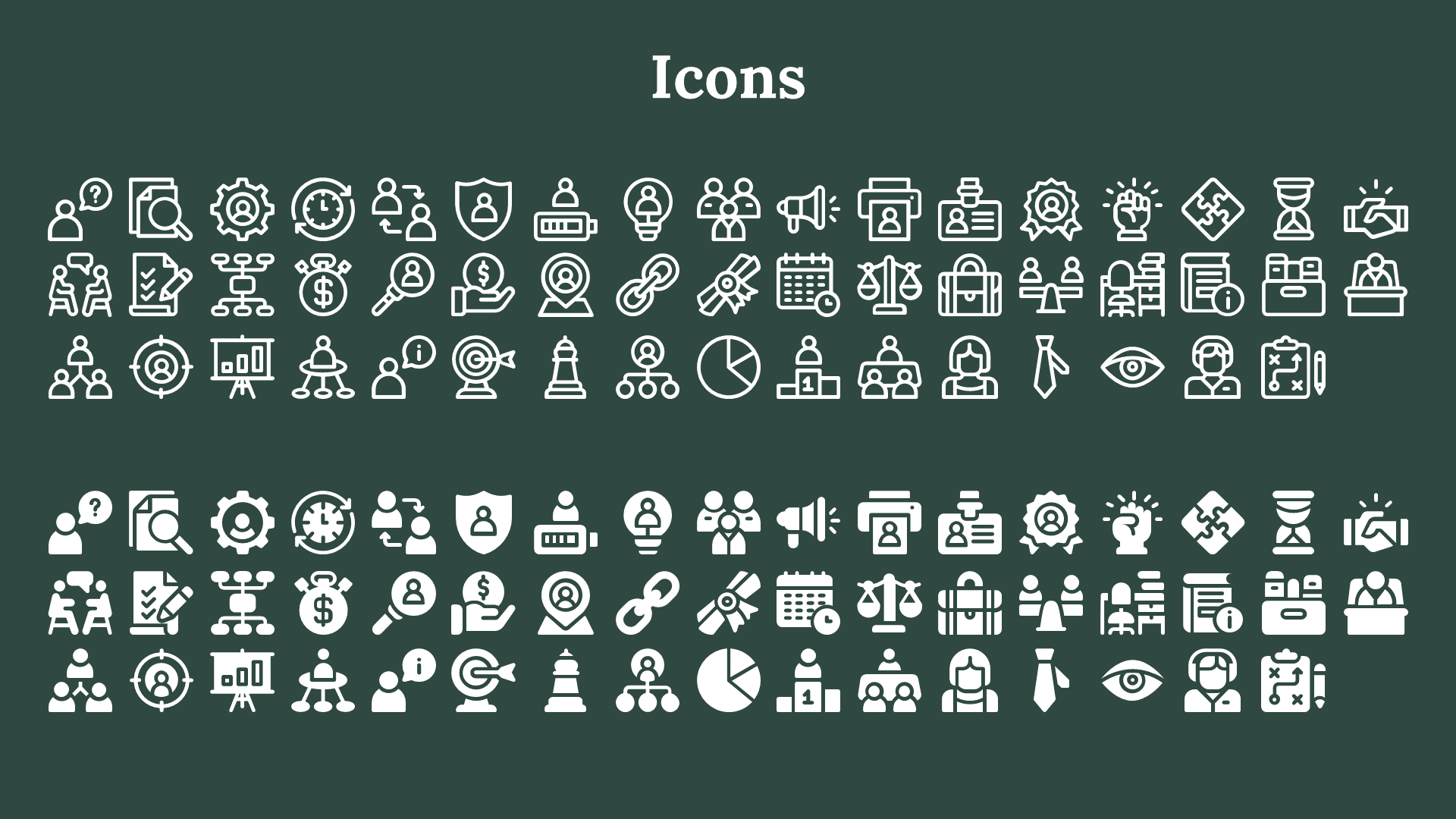 Icon set with various business, management, and organizational symbols in white on a dark green background.