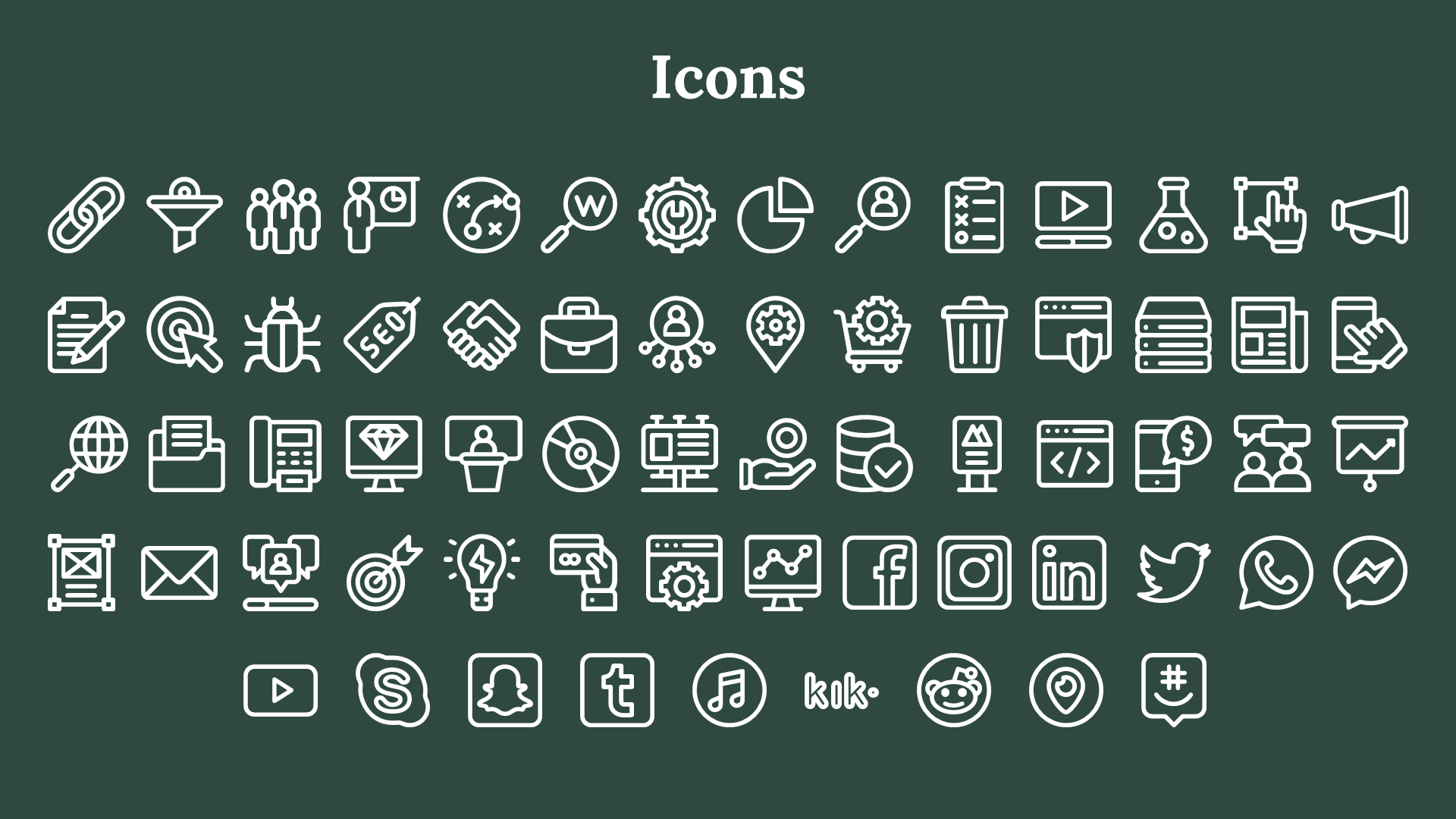 Set of white icons on a dark green background representing business, technology, and social media.