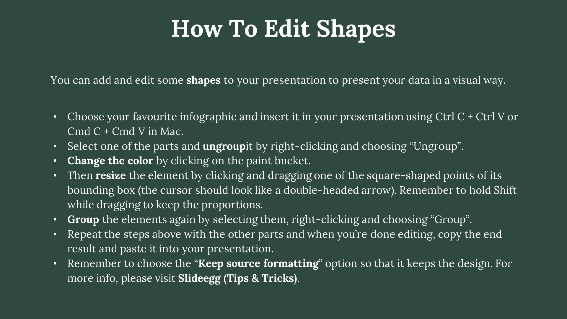 Tutorial slide on editing shapes in PowerPoint, explaining how to ungroup, change colors, resize, and group elements.