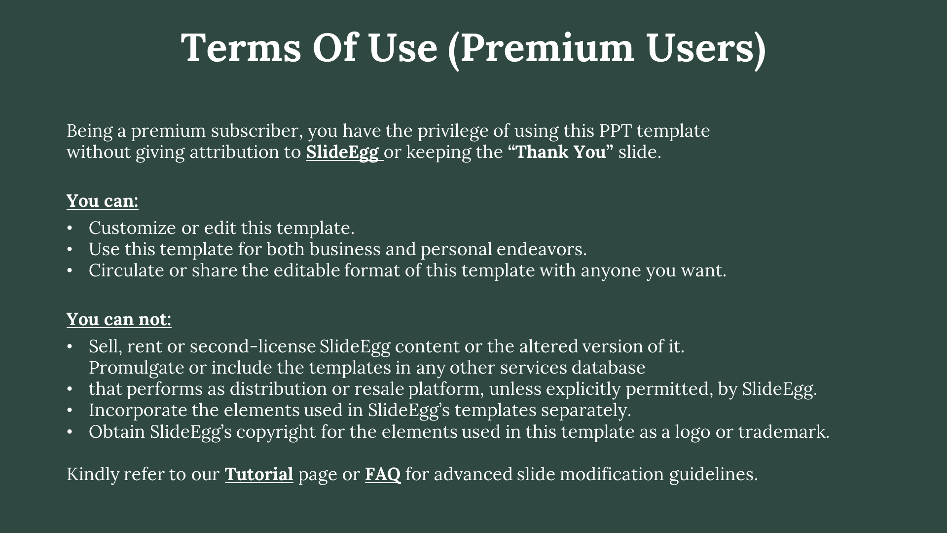 Premium user terms for SlideEgg, highlighting the ability to edit, share, and circulate templates on a green backdrop.
