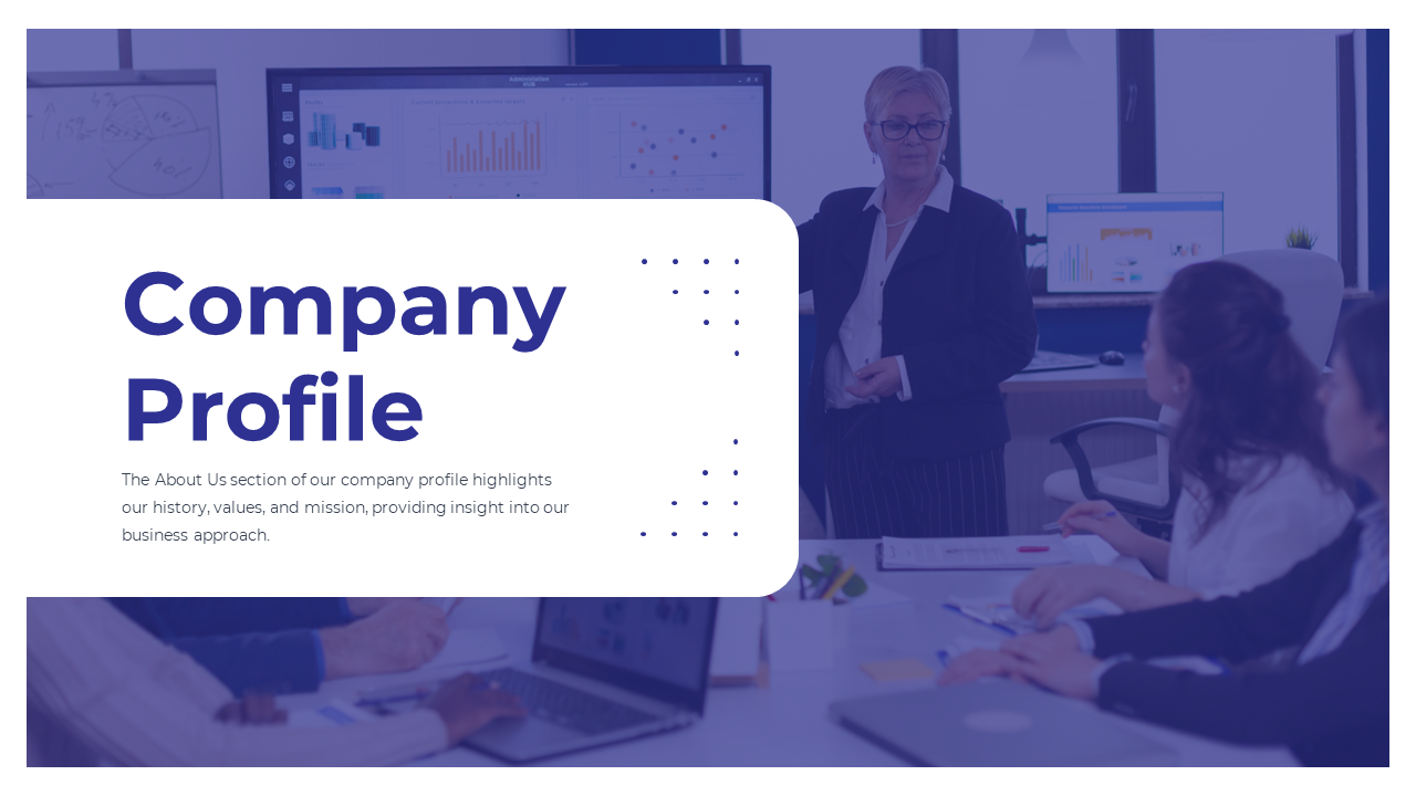 Company profile slide deck with a blue and white theme, featuring agenda, team introduction, pricing, and vision.