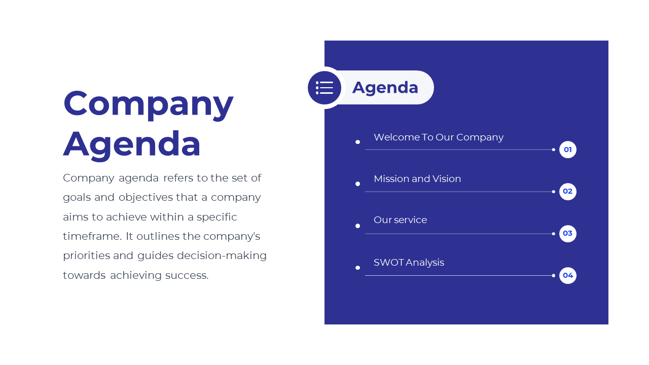 A slide with a company agenda, including topics like mission, service, and SWOT analysis with an interactive menu.
