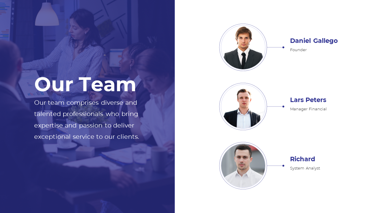 Team introduction slide featuring three professionals with background of a business meeting on a split backdrop.