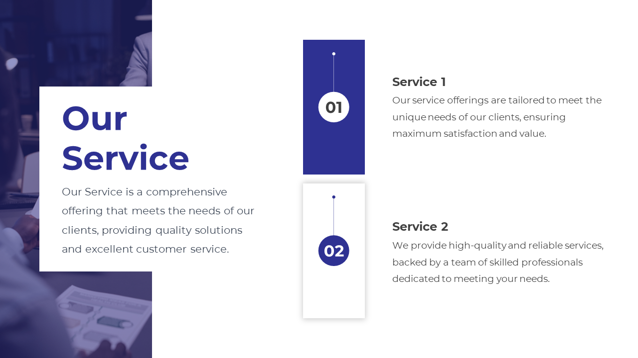 Corporate service slide explaining the company's tailored solutions and quality customer service offered to clients.