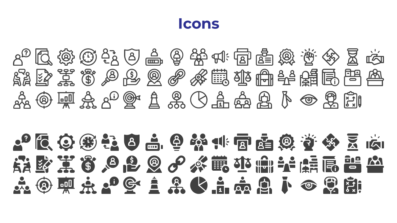 Icons collection showing various business, process, and strategy related symbols, including people, charts, and tools.