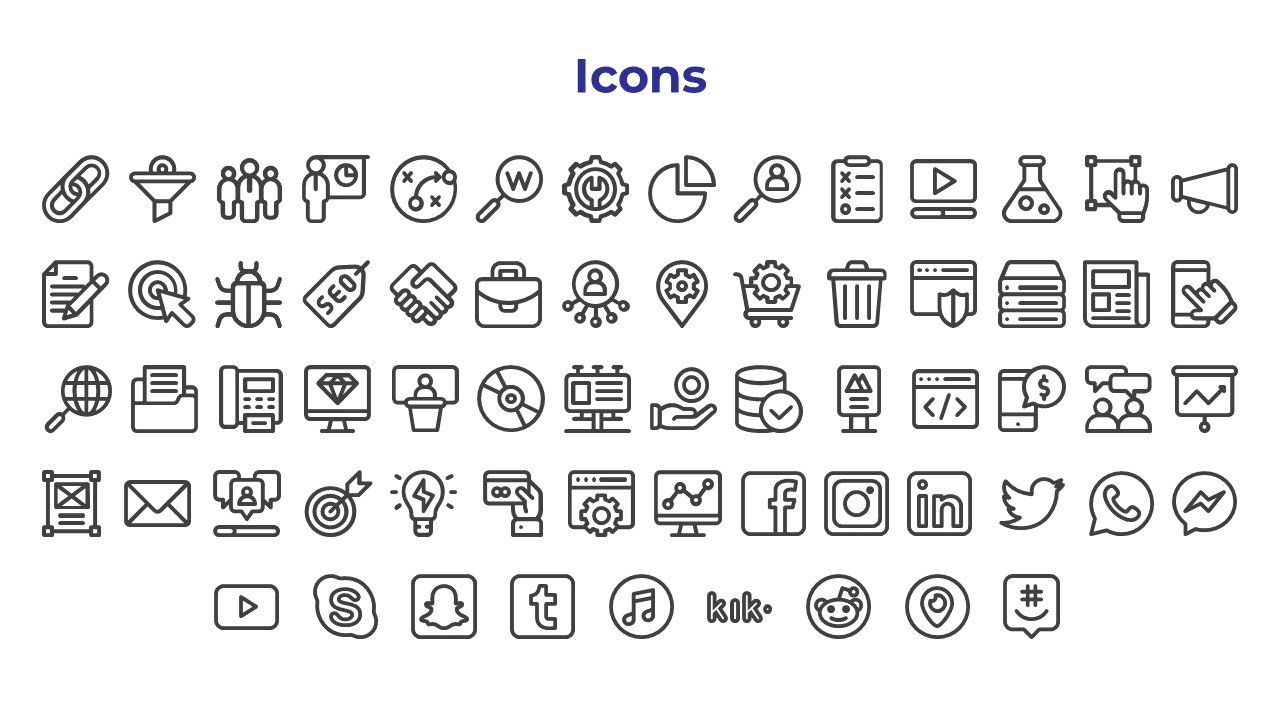Collection of line icons for business, and technology featuring symbols like data charts, and social platforms on a theme.