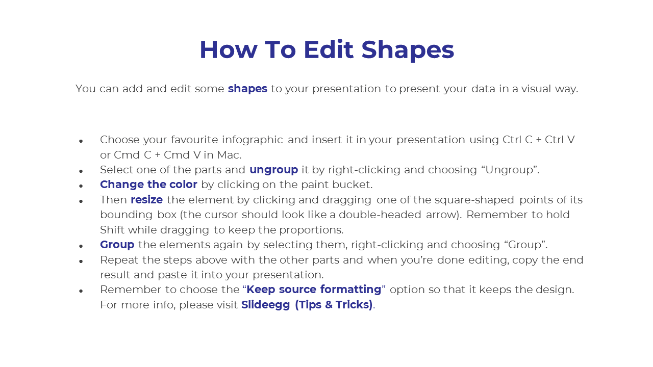 PowerPoint editing guide showing steps to modify infographic shapes, from ungrouping to resizing and grouping again.