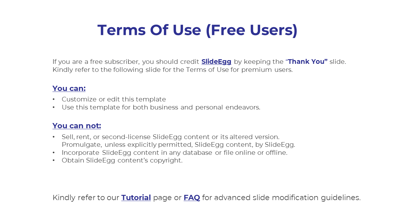 Terms of use slide for free users, outlining customization rights and restrictions for SlideEgg PowerPoint templates.