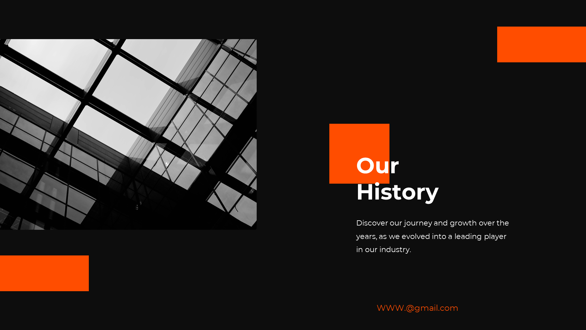 Black and white image of a glass ceiling, accompanied by a slide titled our history, detailing the company's journey.