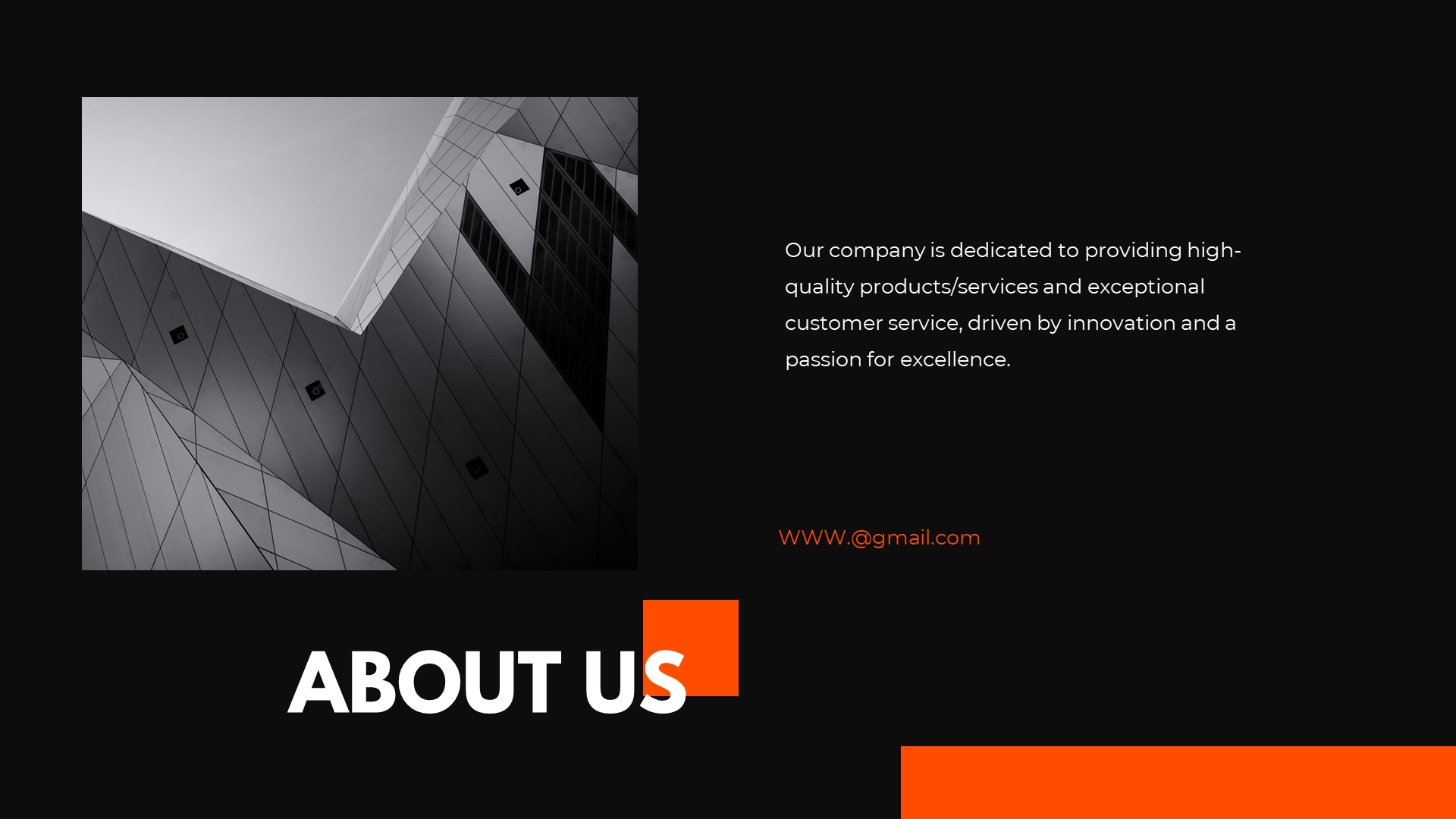 Black and white image of a modern architectural design paired with a slide titled about us on a dark backdrop.