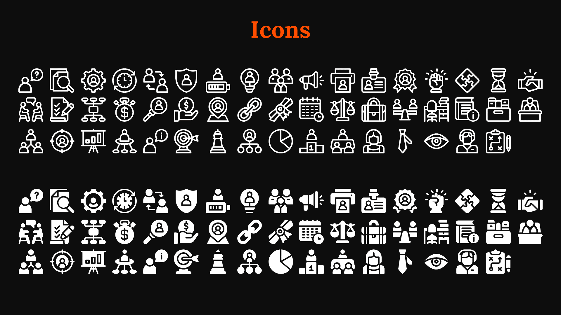 Set of minimalist white icons showing tools for business processes, project management, and data analysis on a dark backdrop.