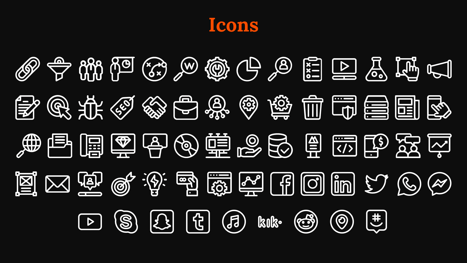 Various white icons on a dark backdrop, represent data analysis, communication tools, and digital platforms.