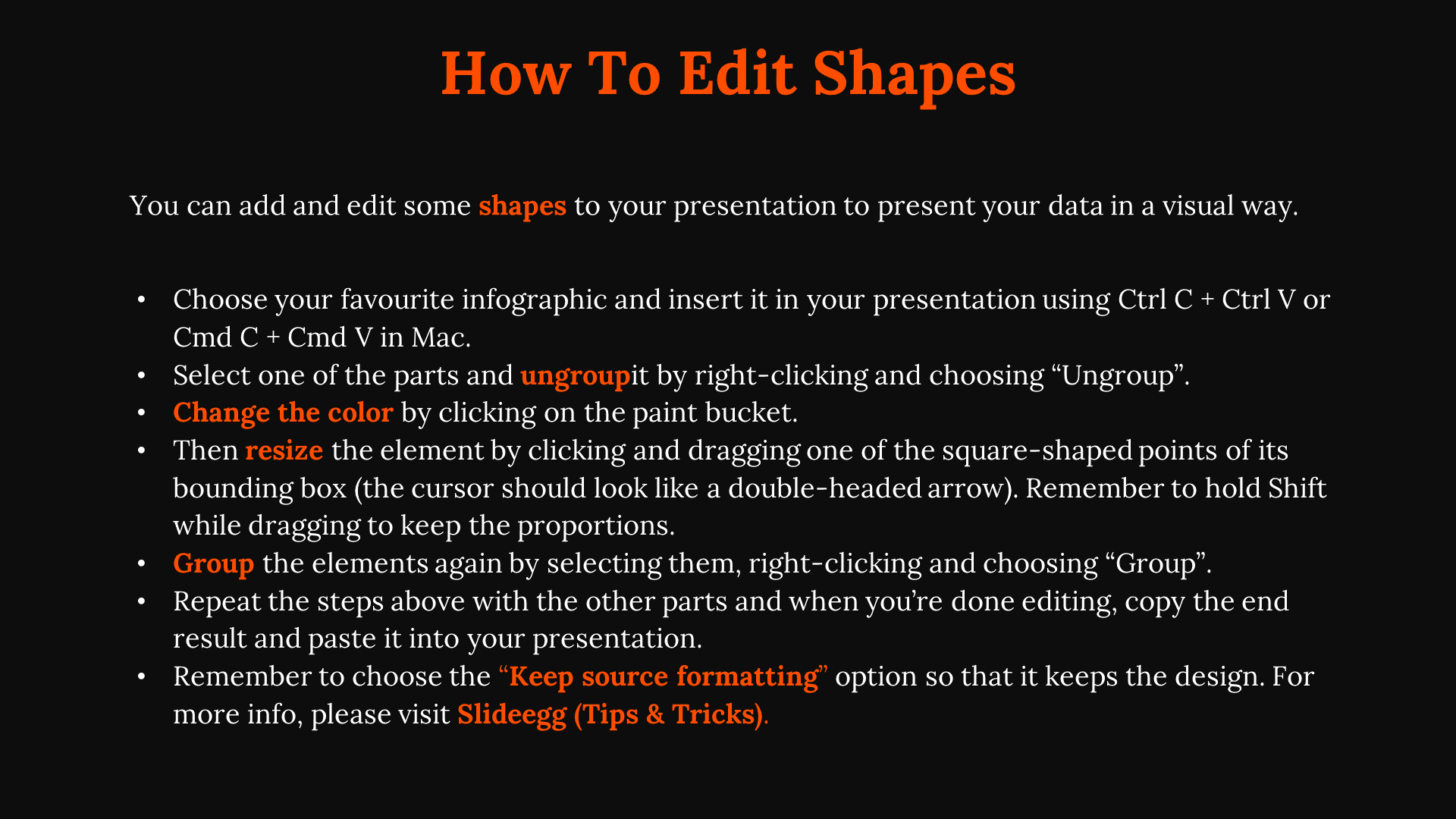 Step by step instructions on how to edit shapes in a PowerPoint presentation, including how to ungroup, and change colors.