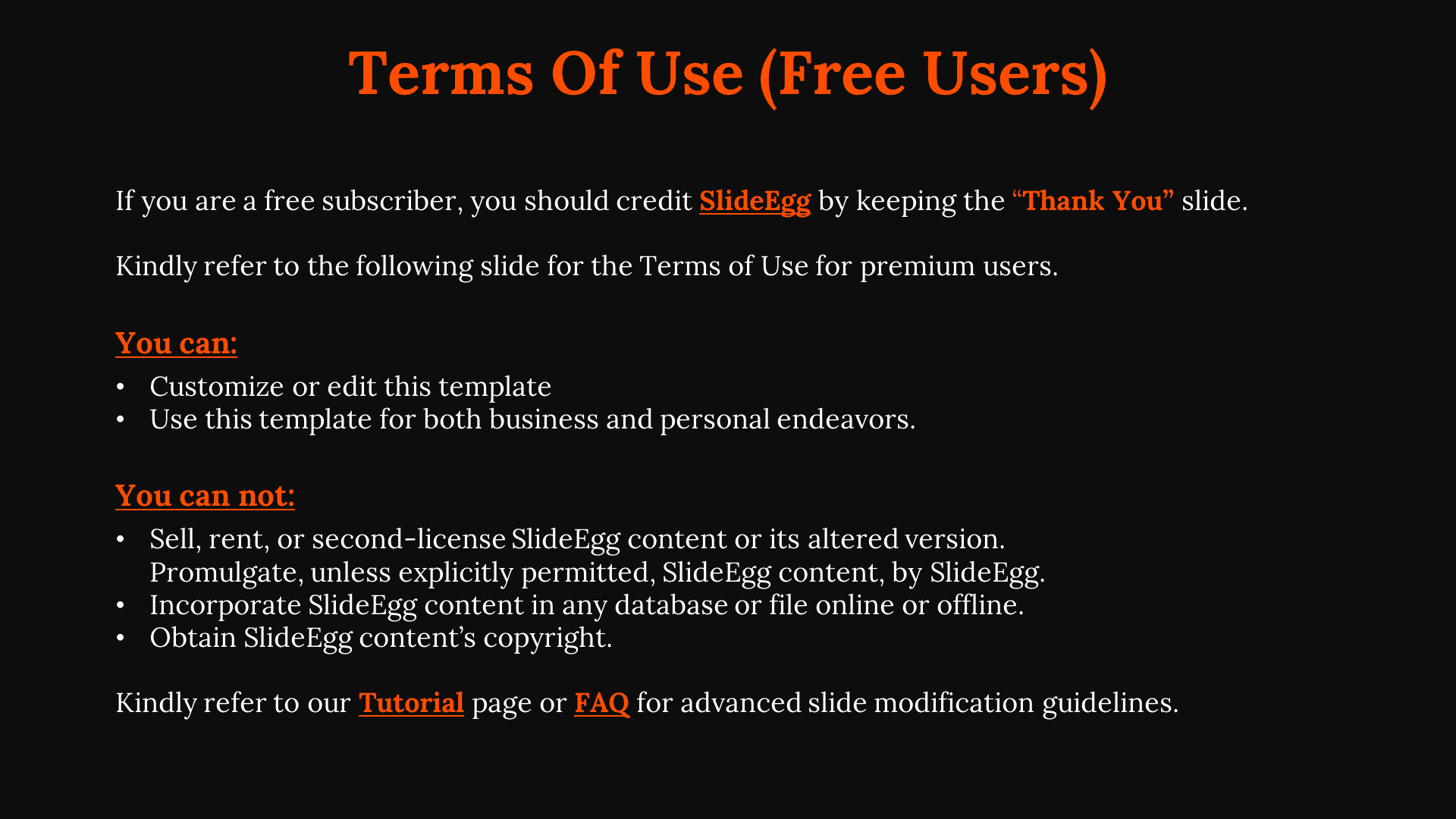 Terms of Use for free SlideEgg users, explaining customization, use permissions, and restrictions on a dark backdrop.