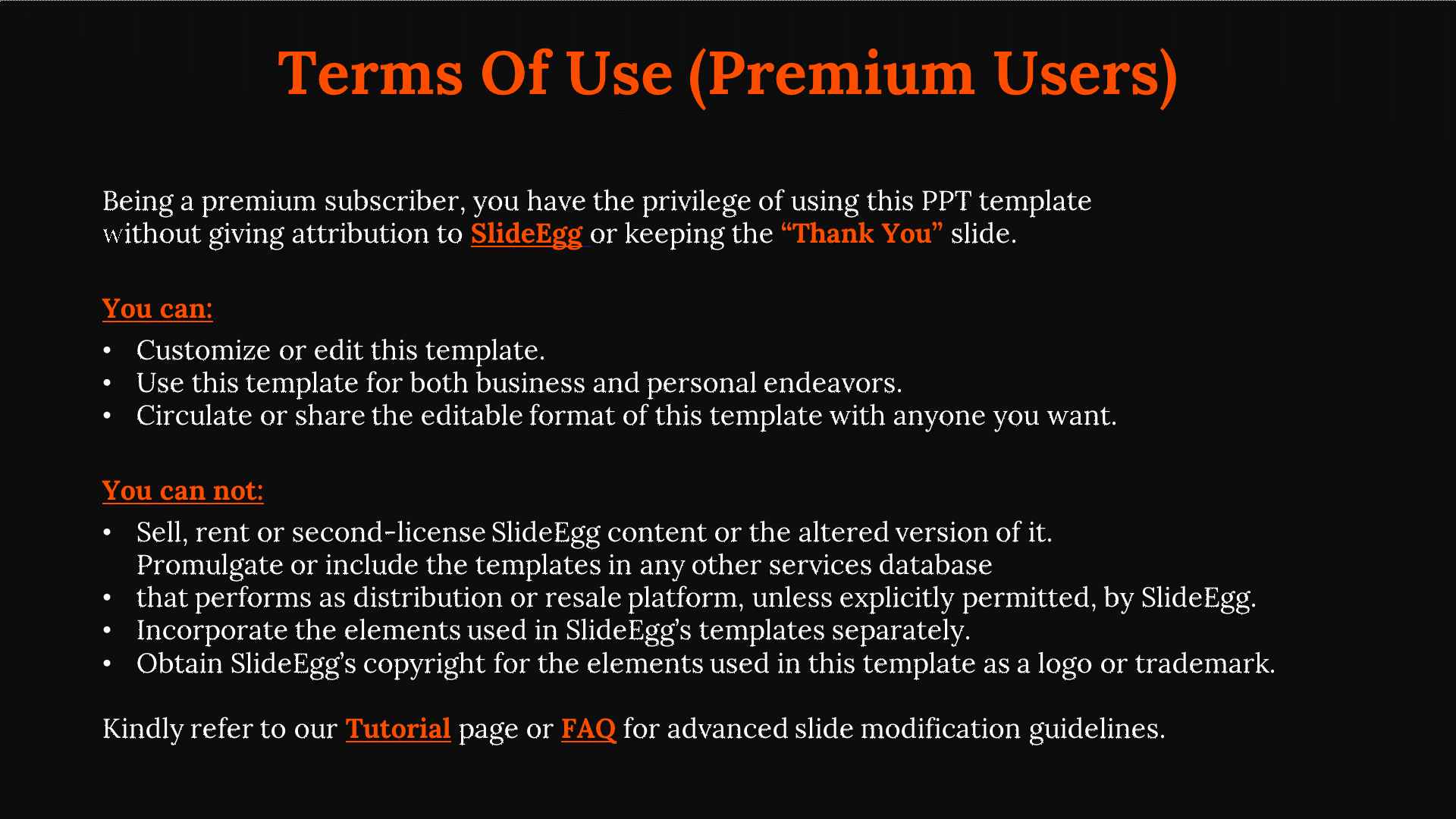 SlideEgg terms for premium users detailing the privileges of editing and sharing templates on a dark backdrop.