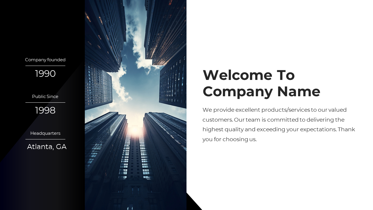 Company profile slide with a cityscape background, showing founding year, public listing year, and headquarters location.