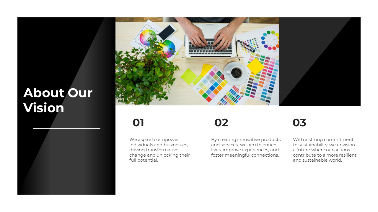 About Our Vision slide highlighting three points about empowerment with a desk full of color samples.
