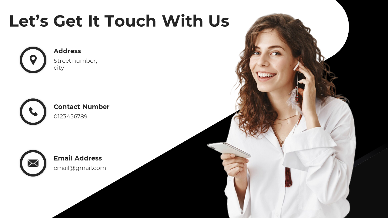 A woman smiling while holding a phone, with contact information displayed for getting in touch on a white and black theme.