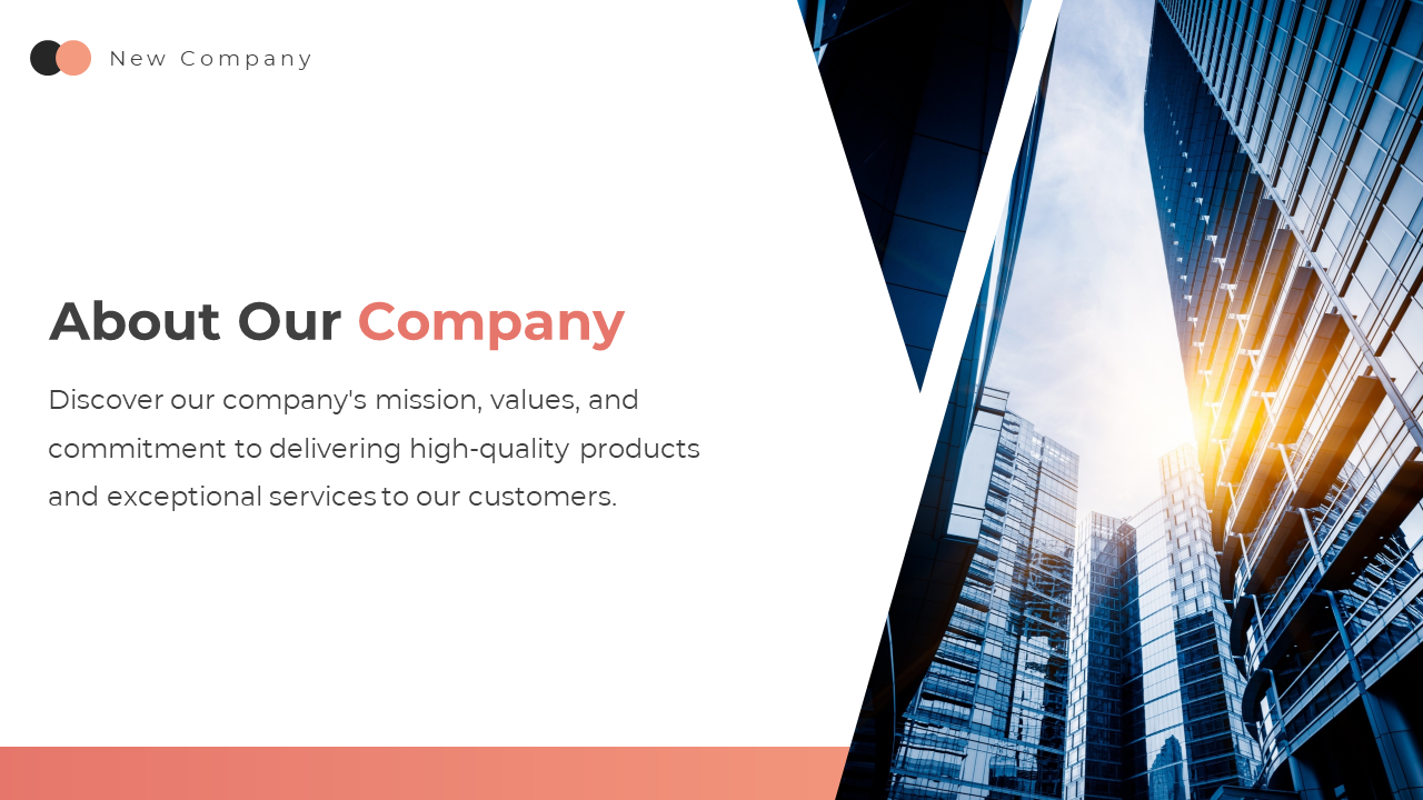 Corporate slide about the company’s mission and services with a background of modern office buildings.
