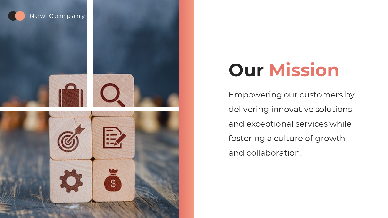 Wooden blocks with business icons on them, representing various elements of a company’s mission and values.