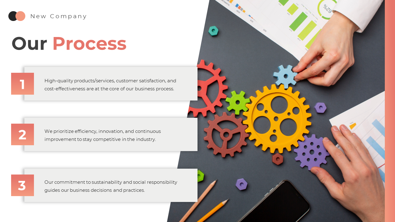 Hands placing colorful gears on a desk with graphs and charts, illustrating a well coordinated process for business success.