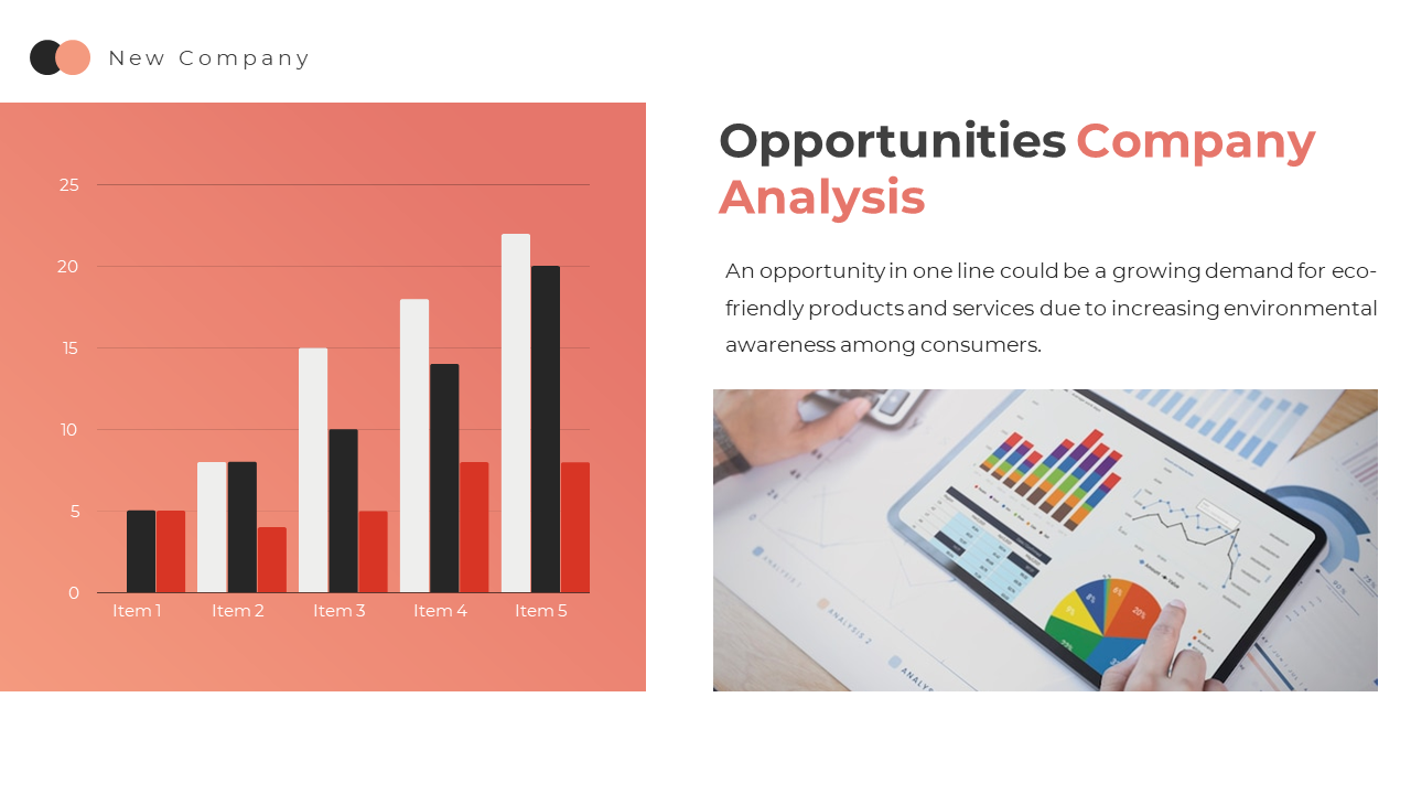 Colorful bar graph showing varying values for five items alongside a business person analyzing charts on a tablet.