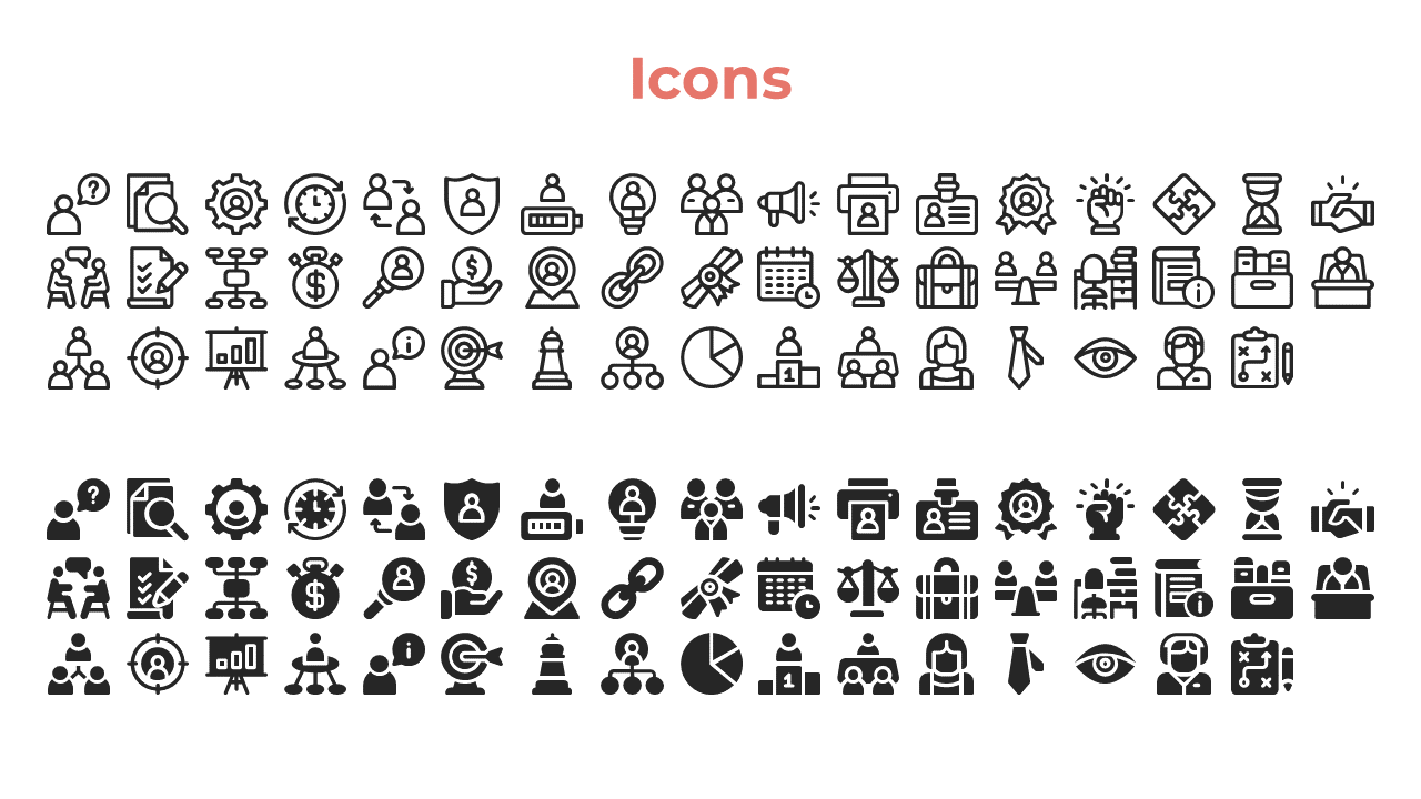 A collection of business and technology related icons, including people, gears, money, documents, charts, and more.