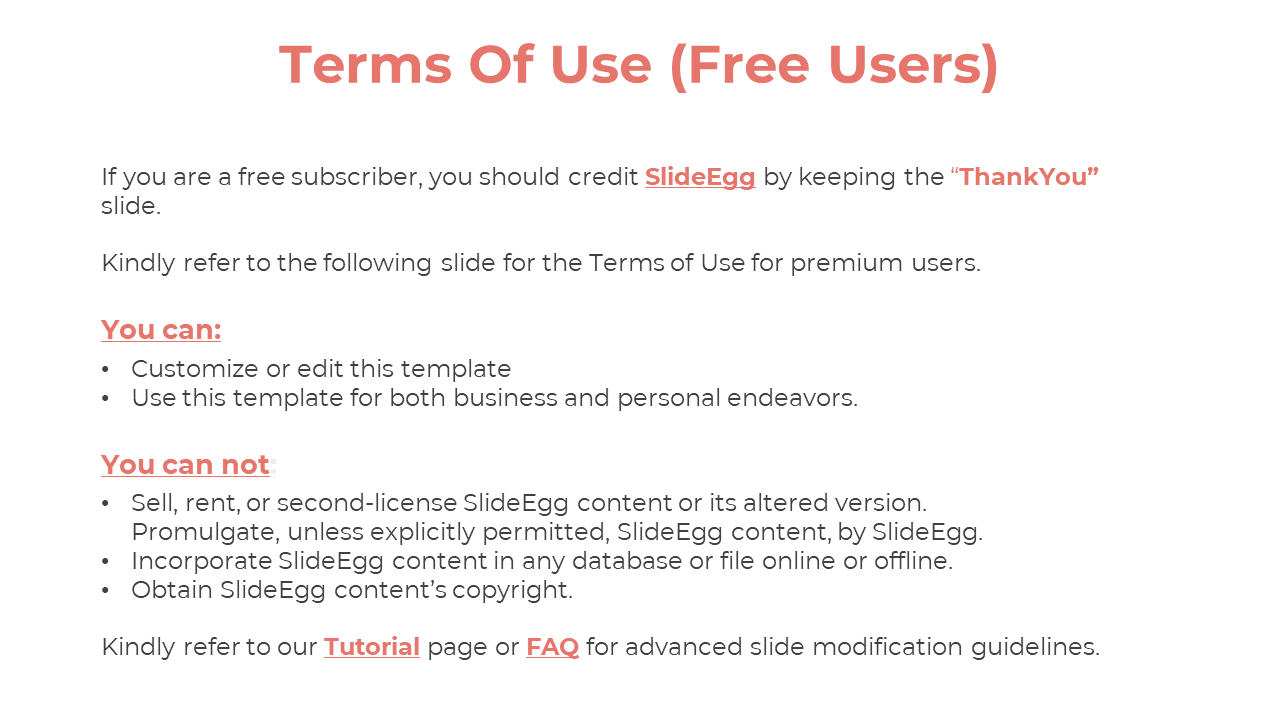 Terms of use for free users with guidelines for customizing and using templates, including restrictions on a white backdrop.