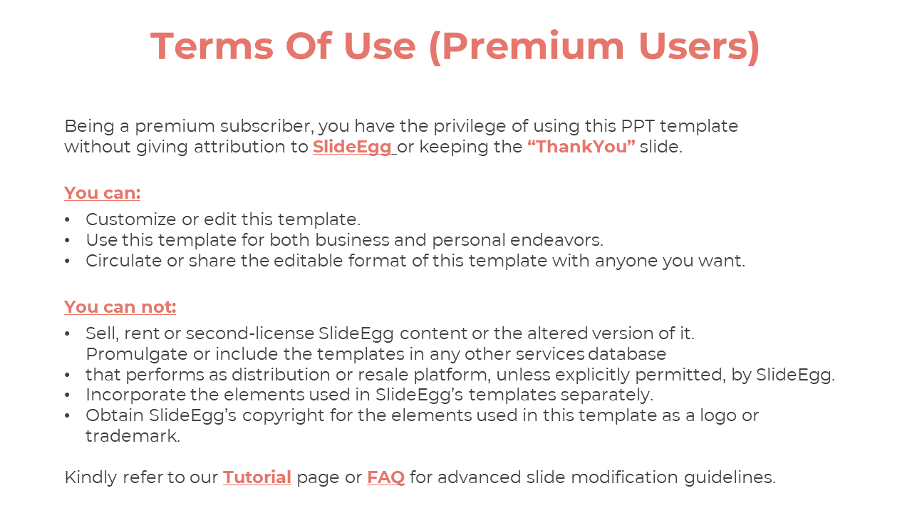Terms of use for premium users, detailing rights to customize, share, and circulate the template on a white backdrop.