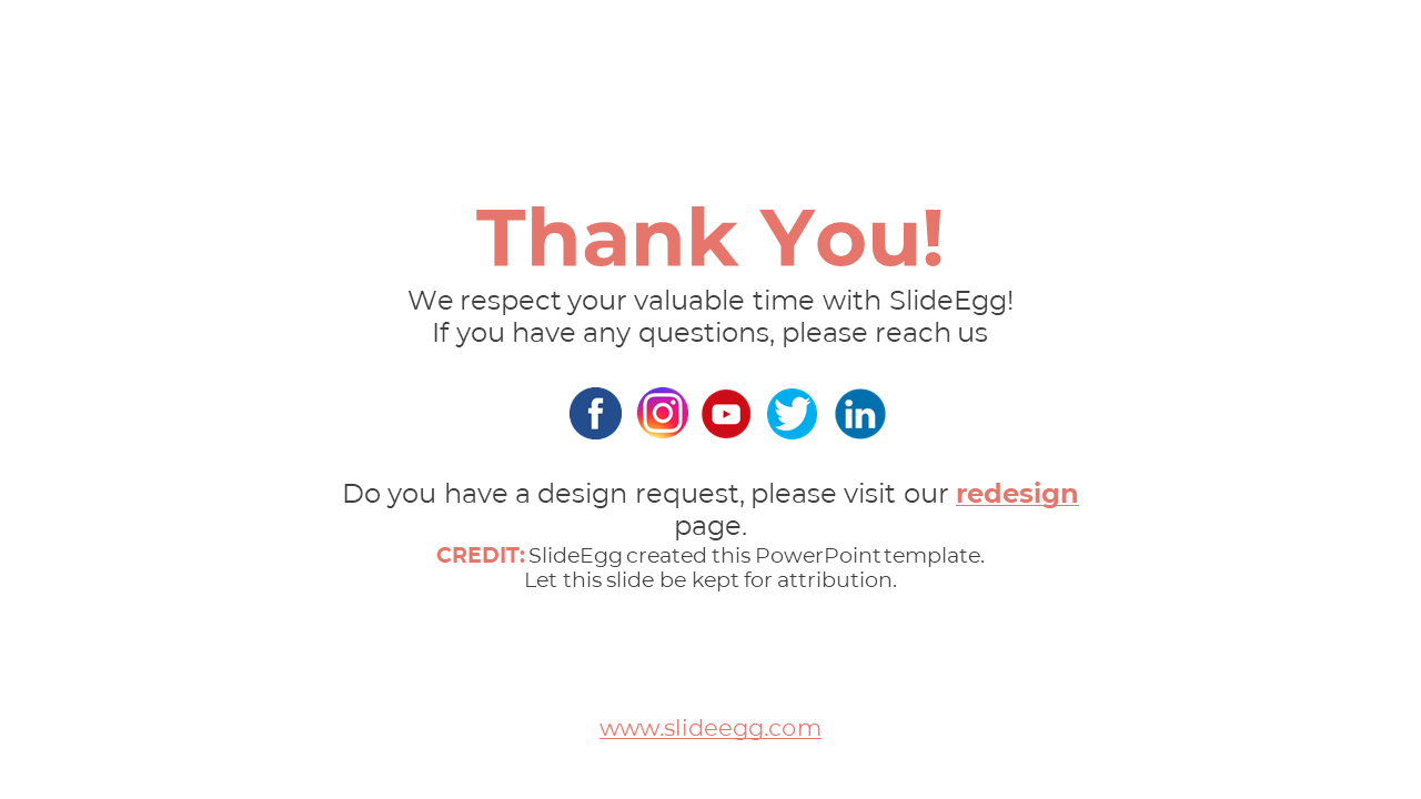 A thank you slide with contact information, social media icons, and a credit note for SlideEgg on a white backdrop.