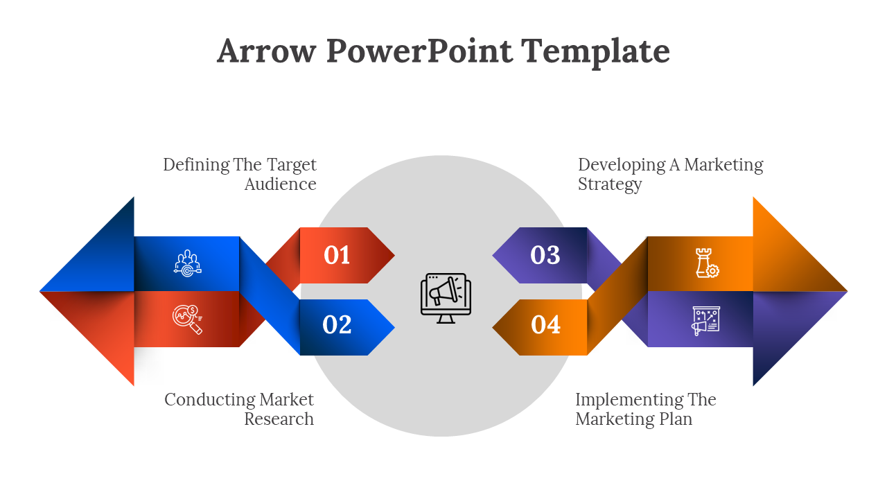 A PowerPoint template with color coded arrows representing a marketing plan process with icons on a white backdrop.