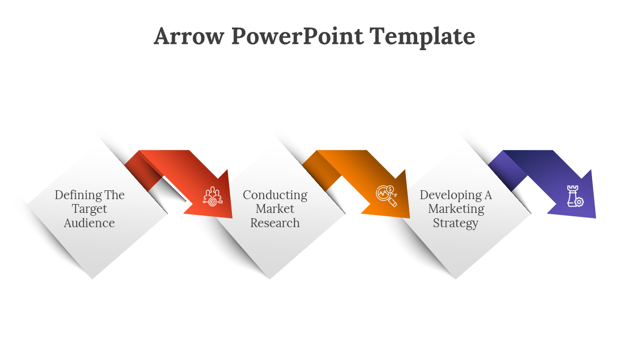 Color coded arrow PowerPoint template showing a three step marketing process with corresponding icons on a white backdrop.