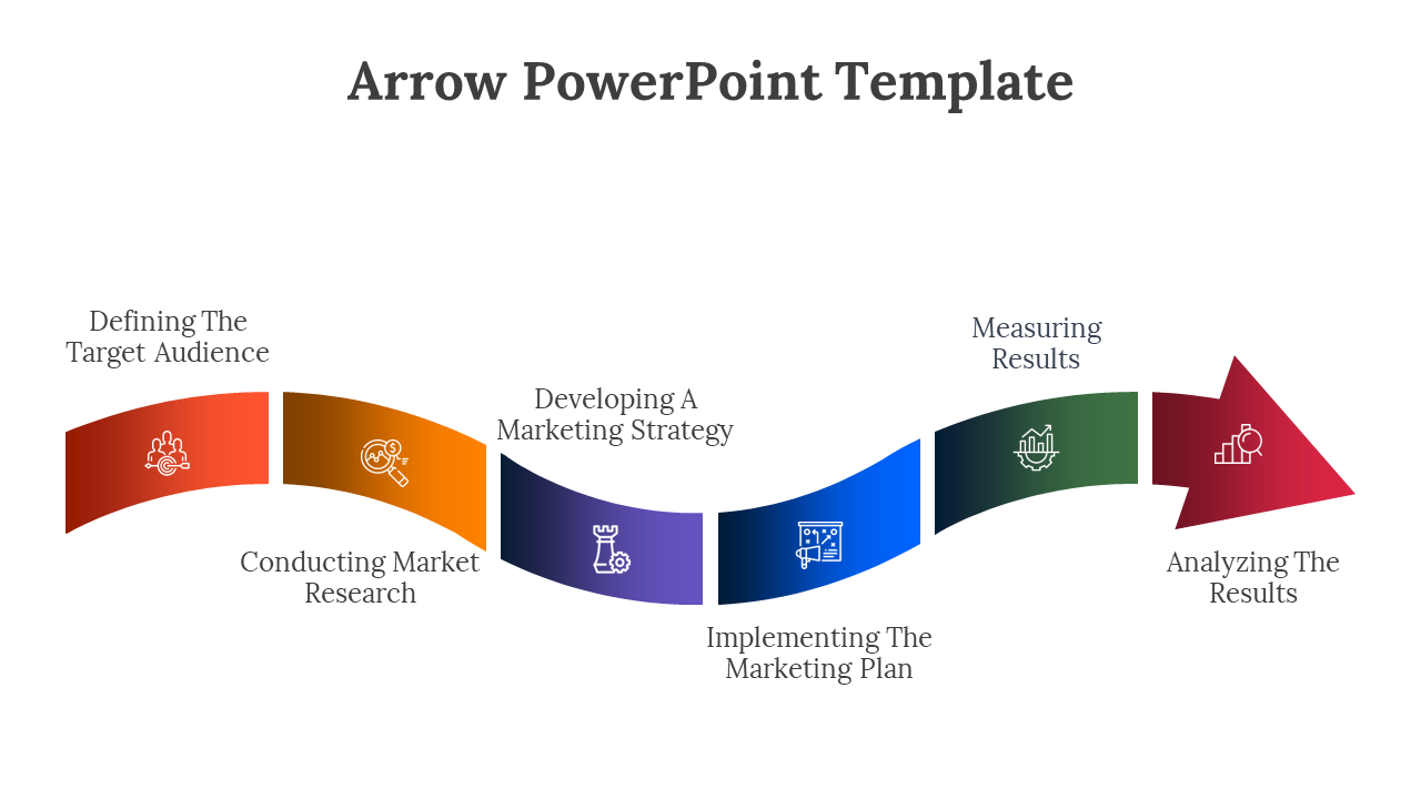 Colorful arrow diagram in PowerPoint showing the progression of a marketing process with icons in a white theme.