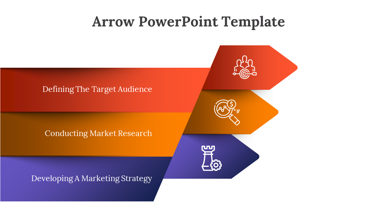 Arrow PowerPoint template displaying three colored stages in a marketing process with icons on a white backdrop.