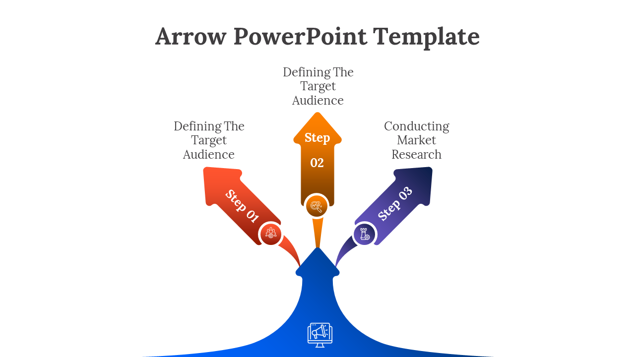Colorful arrow PowerPoint template showing three with corresponding icons on a white backdrop.