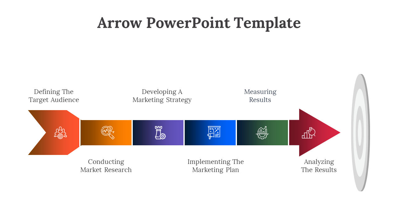 Colorful arrow PowerPoint template illustrating steps in a marketing process on a white backdrop.