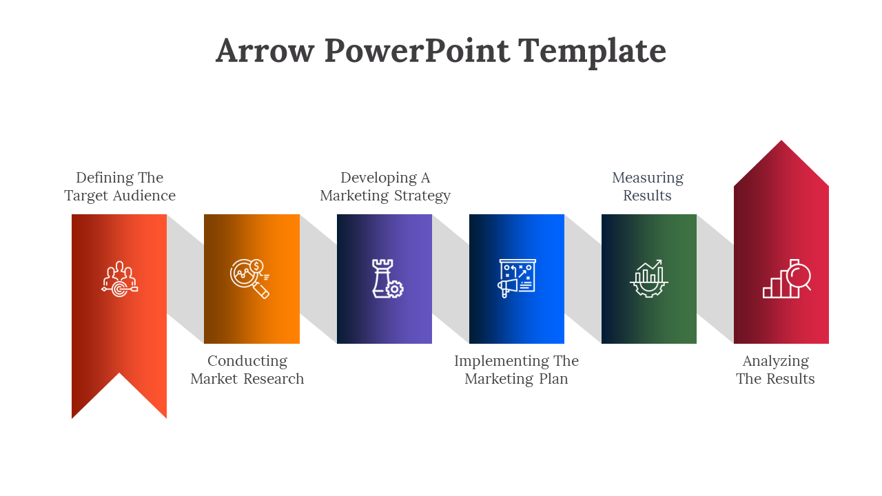 Colorful arrow PPT template showcasing the marketing process from defining the target audience to analyzing the results.