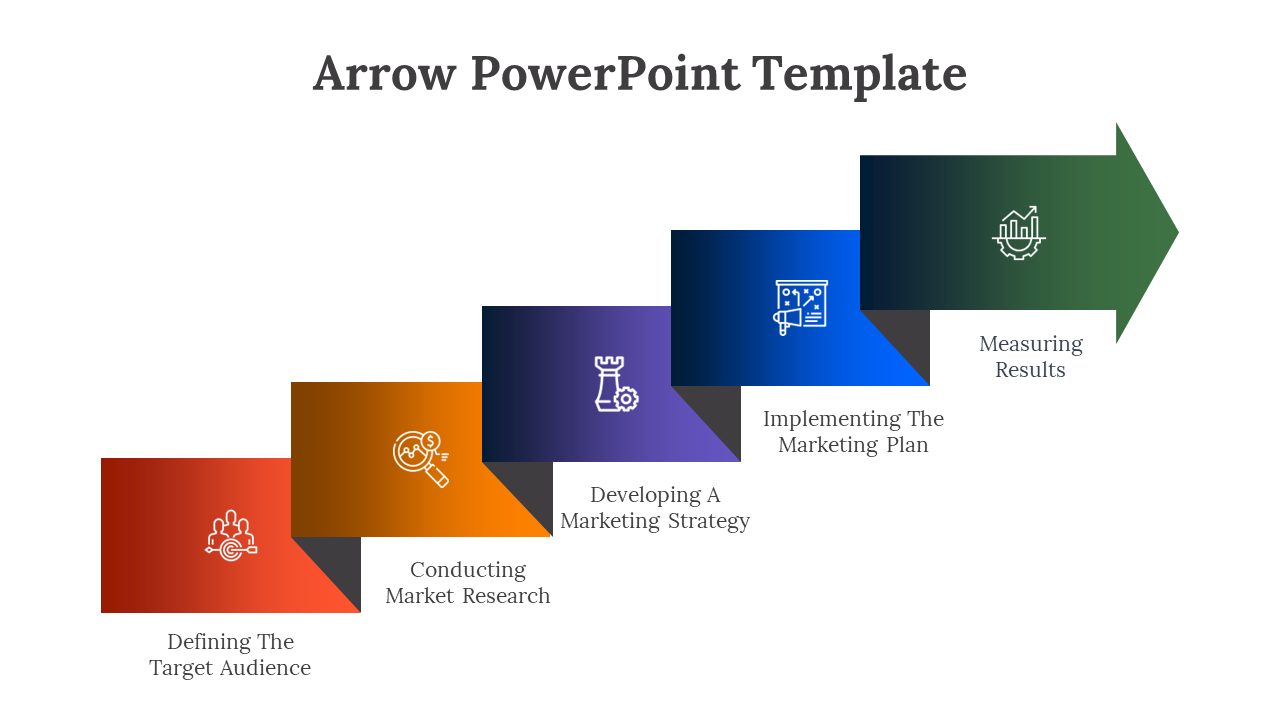 Arrow PowerPoint template with colored steps illustrating the marketing process with icons on a white backdrop.