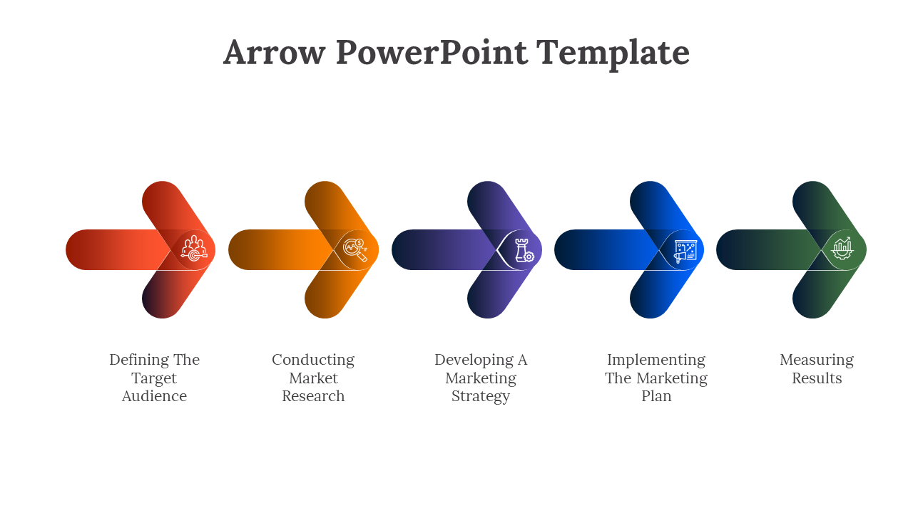 PowerPoint template with colorful arrows representing marketing stages with icons on a white backdrop.